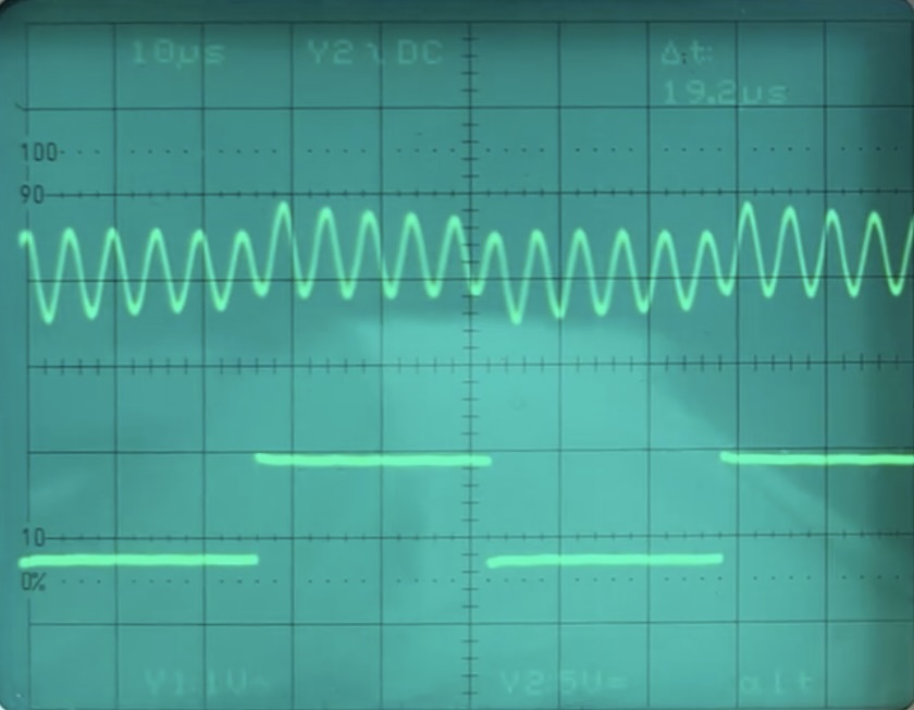 Oscilloscope screenshot used to identify the secondary resonant frequency.